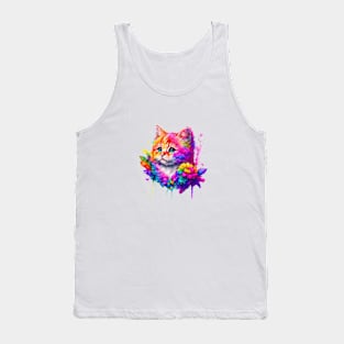 Playful and Eye Catching Cat Colorful Illustration Tank Top